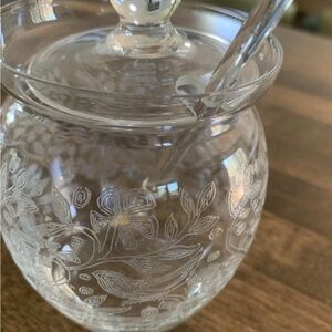 Vintage Floral Crystal Glass Etched Honey Jar with Spoon